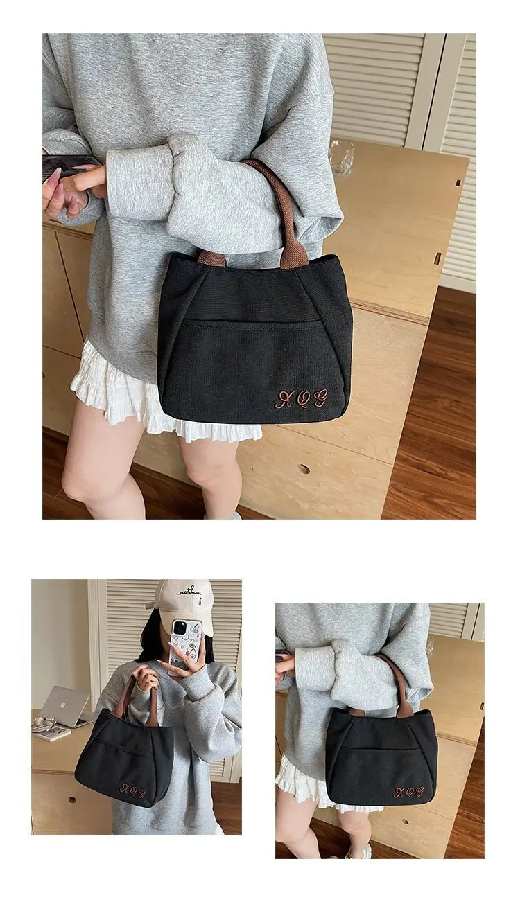 Retro-Canvas-Einkaufstasche zum Pendeln zur Arbeit. Kleine lässige Canvas-Tasche für Damen. Handgehaltene Tragetasche. – Detail 9