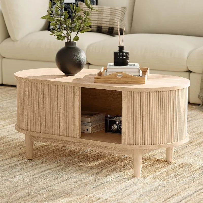 Mid Century Modern Coffee Table with Sliding Tambour Door, Fluted Accent Center Table with Storage, Oval Small Coffee Table