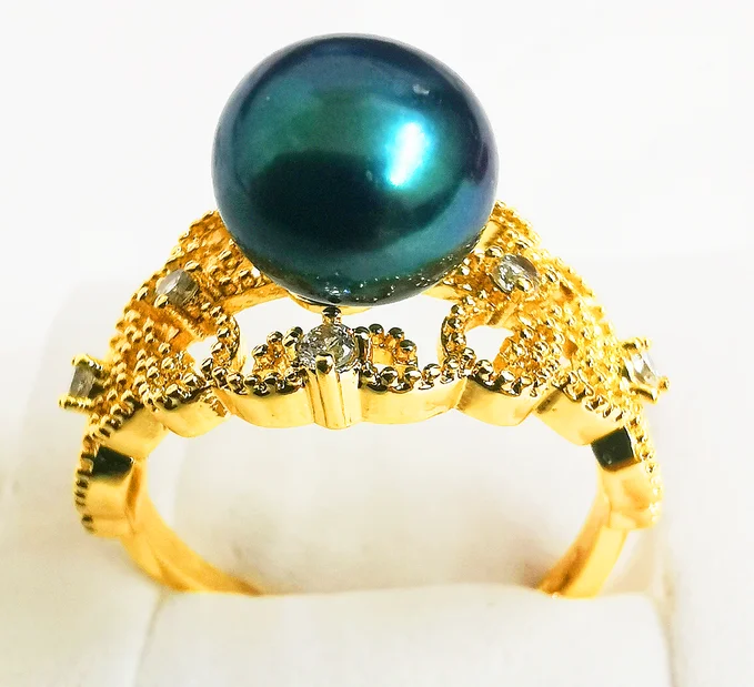 

Suberb 8-9mm black Perfect Round Pearl Ring Adjustable Size Women Jewelry Wedding Party Gift 925 Sterling Silver 2377