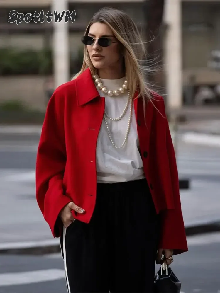 Fashion Red Single Breasted Women's Turn Down Collar Jacket Vintage Pocket Full Sleeve Short Slim Coat 2024 Lady High Streetwear