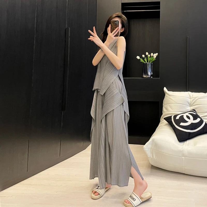 Miyake Pleated Irregular Sleeveless Top and Pants Set Japanese Classic Wide Leg Pants Two Piece Set  Aesthetic Clothes