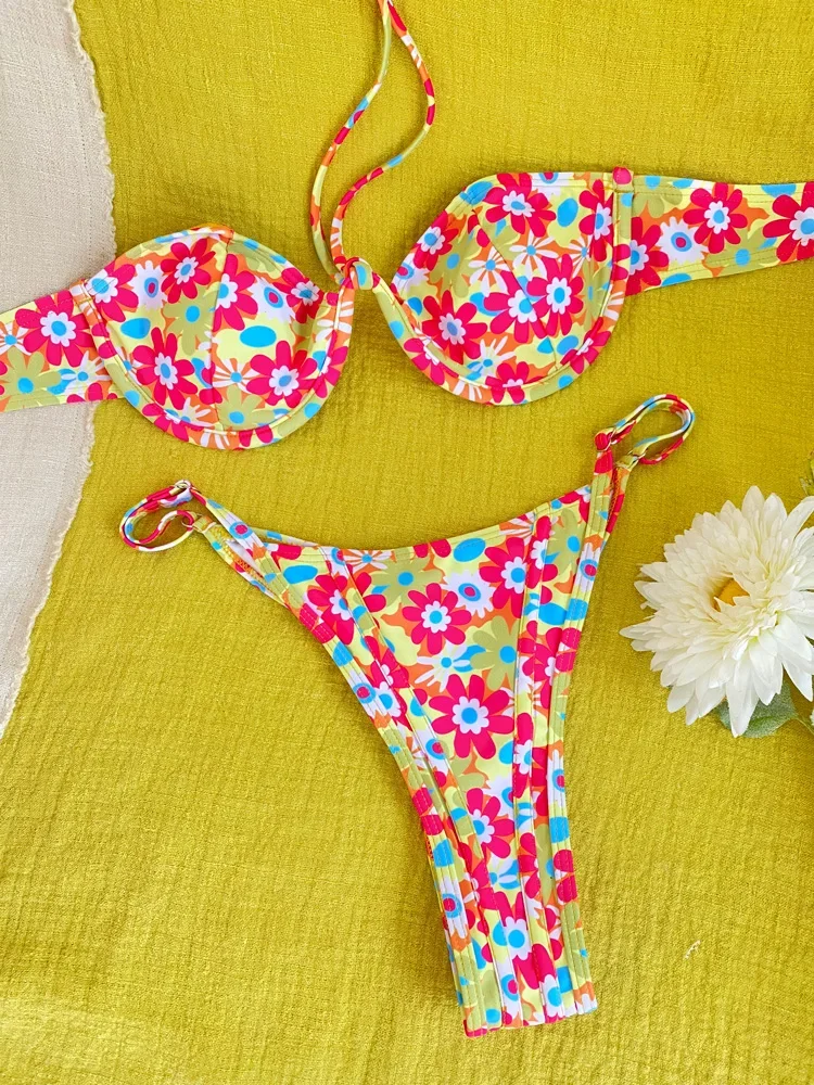Push Up Swimwear Print Bikinis Sexy Swimsuit Bikini Sets Women Bathing Suit Micro Thong Biquinis Halter Beachwear 2025