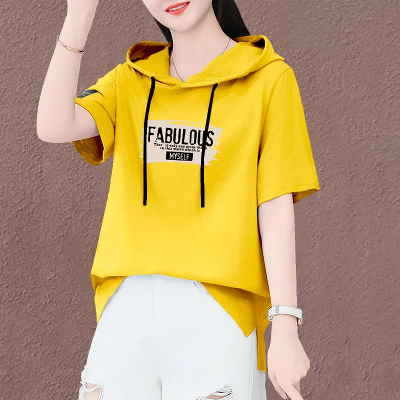 Letnia, luźna koszulka z bawełny, cienka bluzka z kapturem, damska, wyszczuplająca, zakrywająca brzuch, wygodna koszulka.