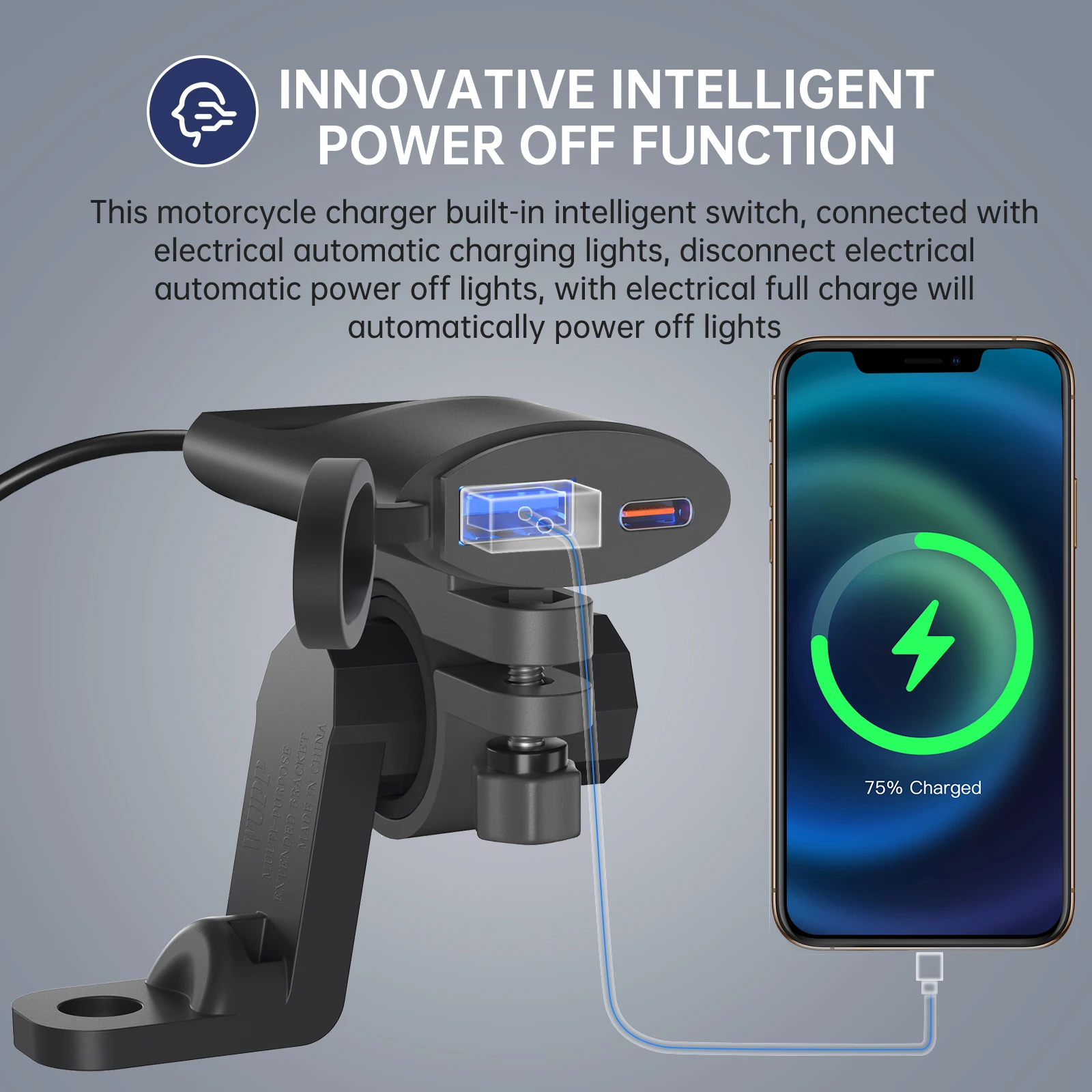 USB Motorcycle Charger Type-C +A Waterproof Fast Charger Socket Adapter Handlebar Mounting Bracket Charger 12V/24V Motorcycle