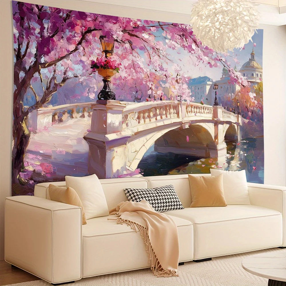 Akura Tree Tapestry, Pink Blossoms over River Bridge Landscape, Aesthetic Nature Wall Art for Home Dorm Decor
