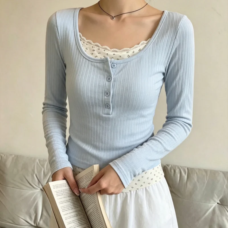 New Korean Autumn Women Fake Two‑Piece Lace Spliced Long Sleeve T Shirt Sweet Elegant Button Inner Slim Fit Short Blouse Tops
