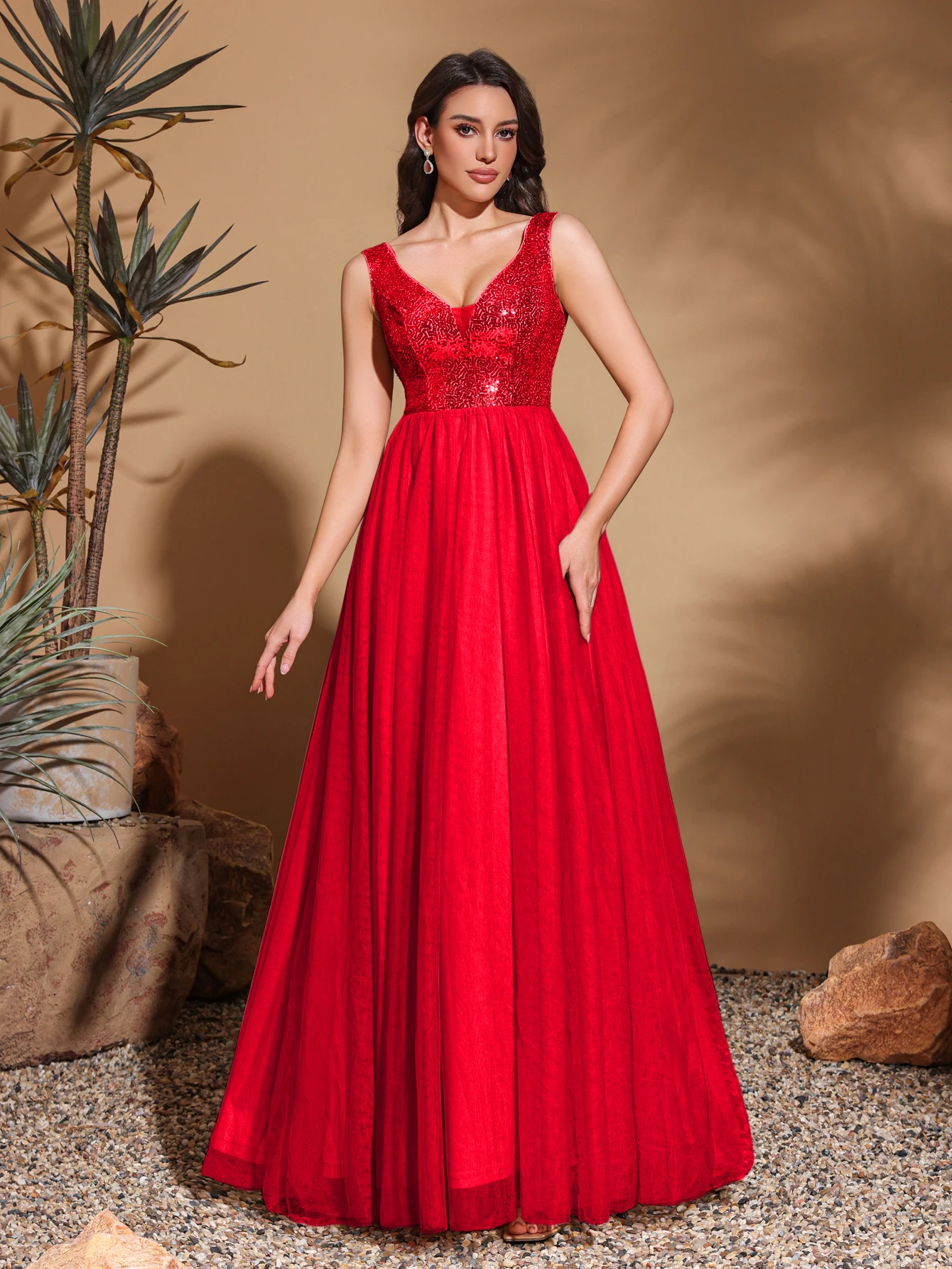 

Красное сетчатое платье с v-образным вырезом и пайетками для семейных встреч и вечеринок по случаю дня рождения, элегантное и модное платье, женское длинное платье, праздничное платье, новое платье, женское вечернее платье, платье для выступления, платье 