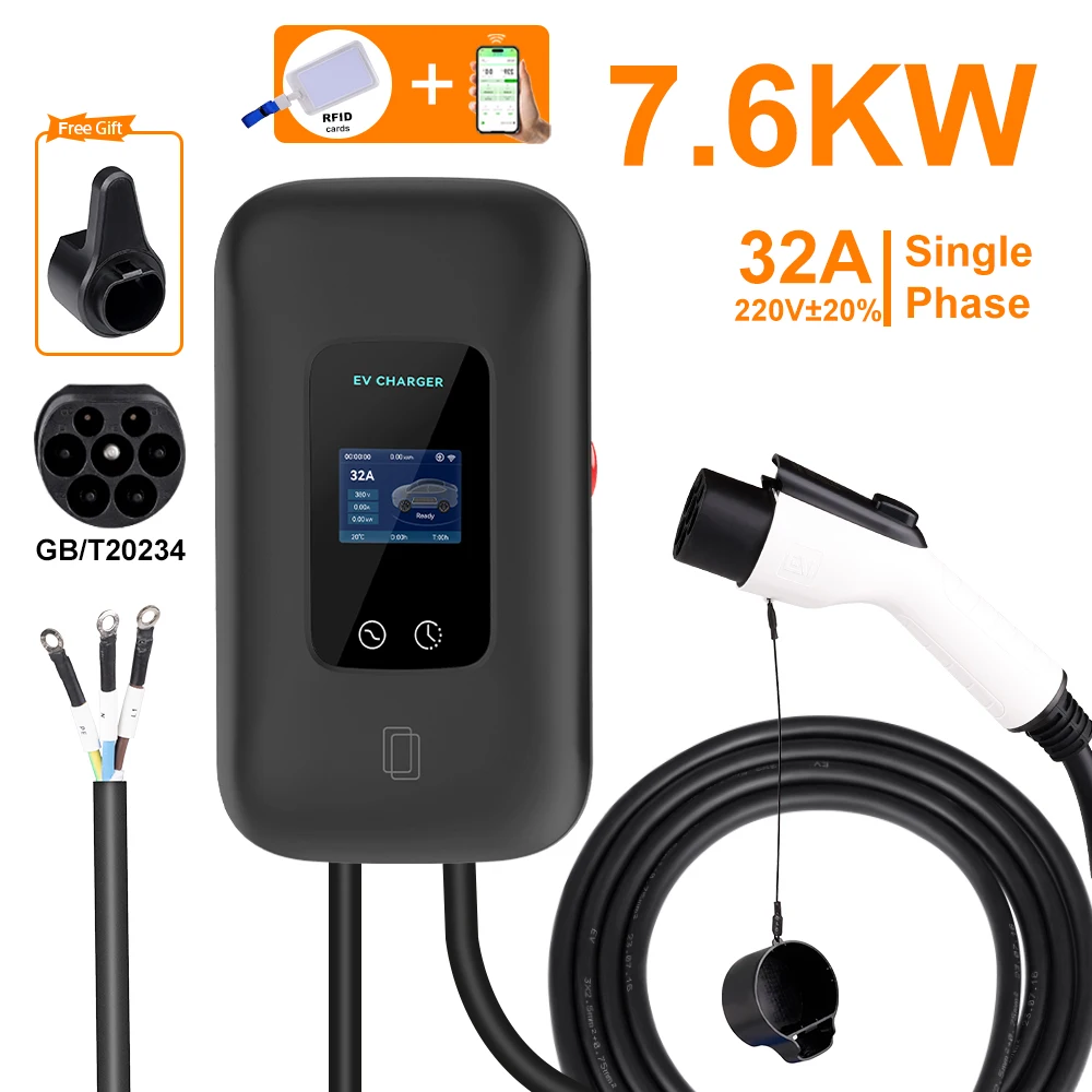 محطة شاحن EV GB/T20234 32A 7.6KW 22KW EVSE Wallbox شحن GBT 16A 11KW APP التحكم لسيارة مركبة كهربية