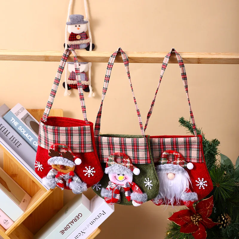 

New Plaid Cartoon Santa Claus Candy Chocolates Bag Gift Bag Children's Playing Gift Candy Felt Bag Pocket Holiday Props Supplies