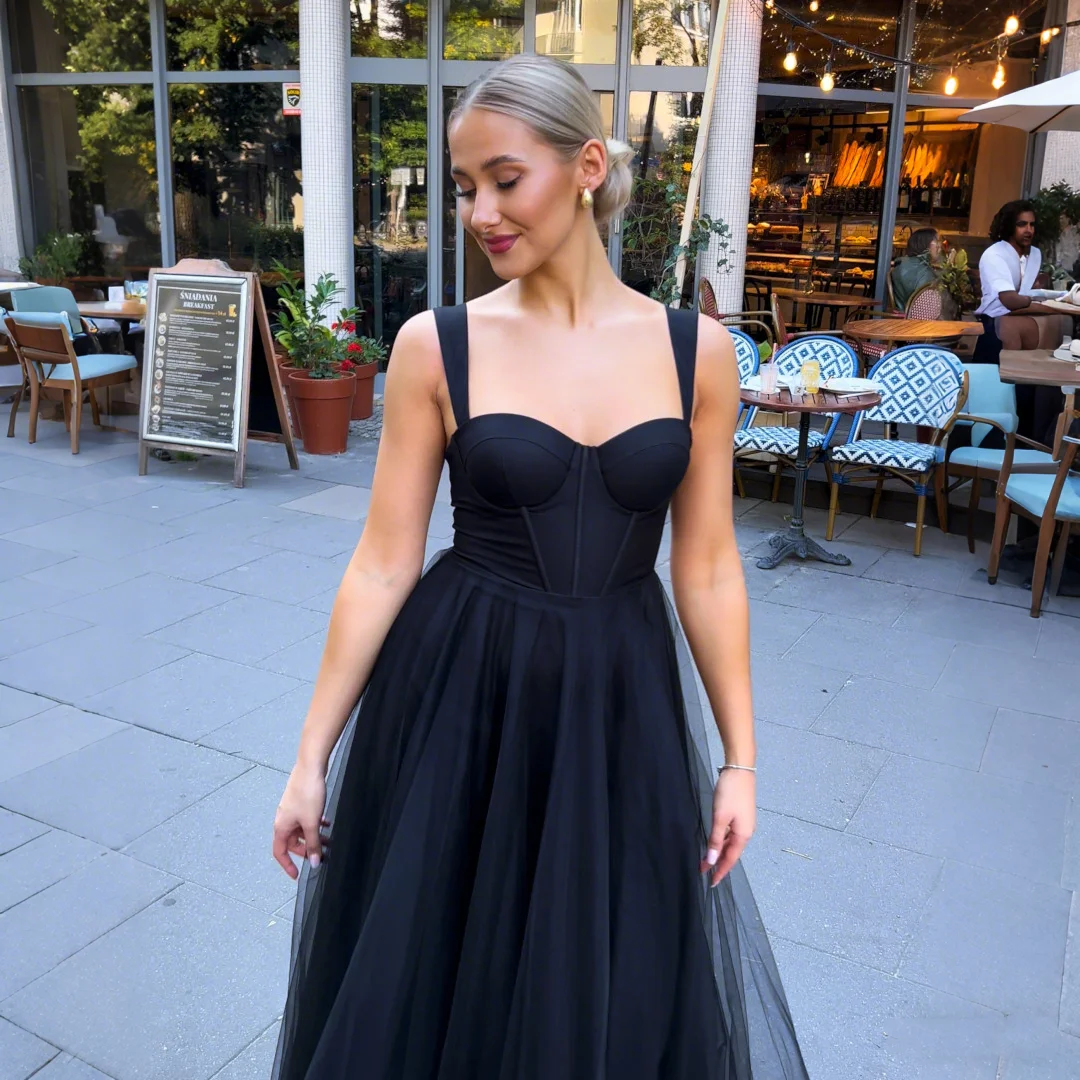 

Элегантные черные платья для выпускного вечера на тонких бретельках Милый корсет трапециевидной формы Простые обручальные платья до щиколотки Шикарное простое женское платье