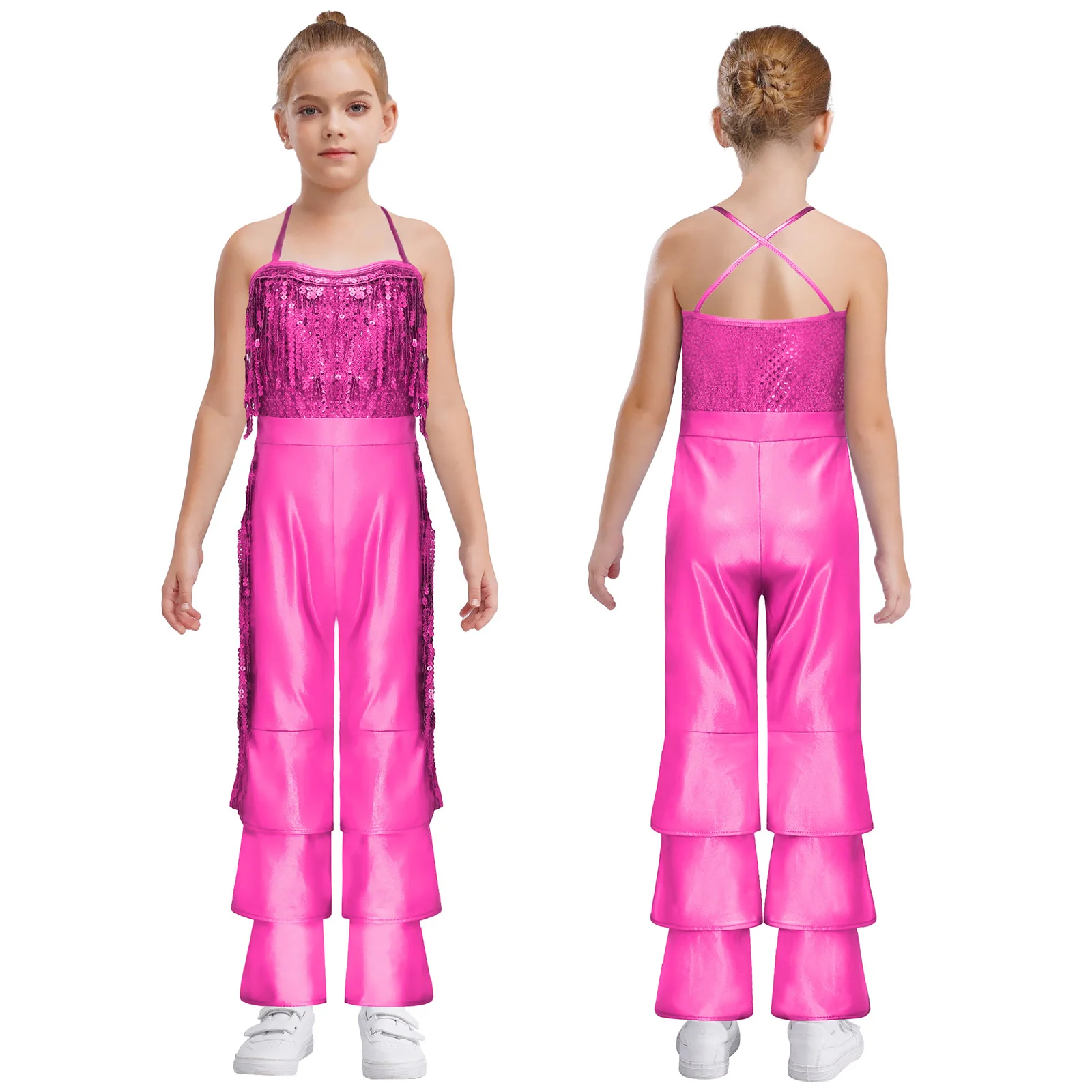 

Girls Halter Shiny Tassel Disco Jazz Tango Dance Jumpsuit Halloween Movie Star Singer Cosplay Costume Fancy Dress Up Bodysuit