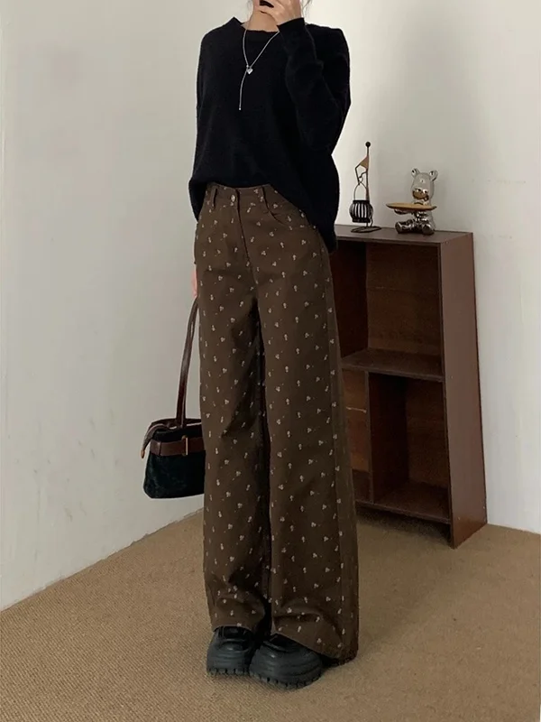 

Retro Brown Floral Denim Pants High Waist Straight Leg Floor Length Women's Spring 2026 New Loose Fit Wide Leg Jeans