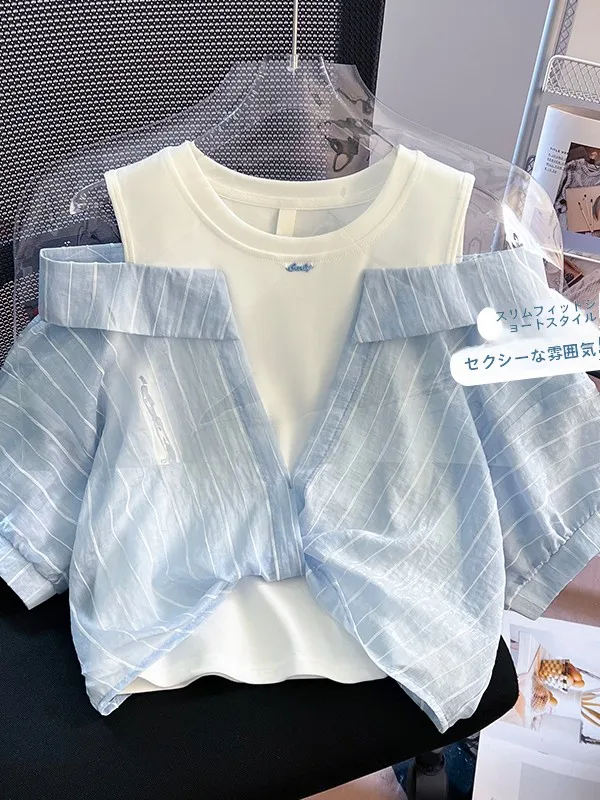 Summer 2026 Women's Short Sleeve Striped Shirt Design Sense Fake Two-Piece Versatile Short Length Shoulder Bared Top