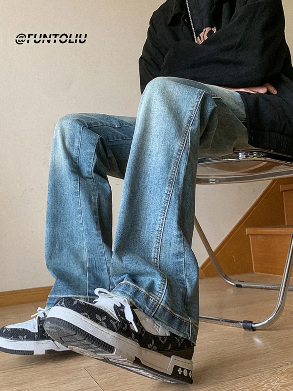 

American Sle Men's Jeans High Street Vibe Trendy Straight Leg Micro Flared Pants Youthful Wear Resistant Long Trousers