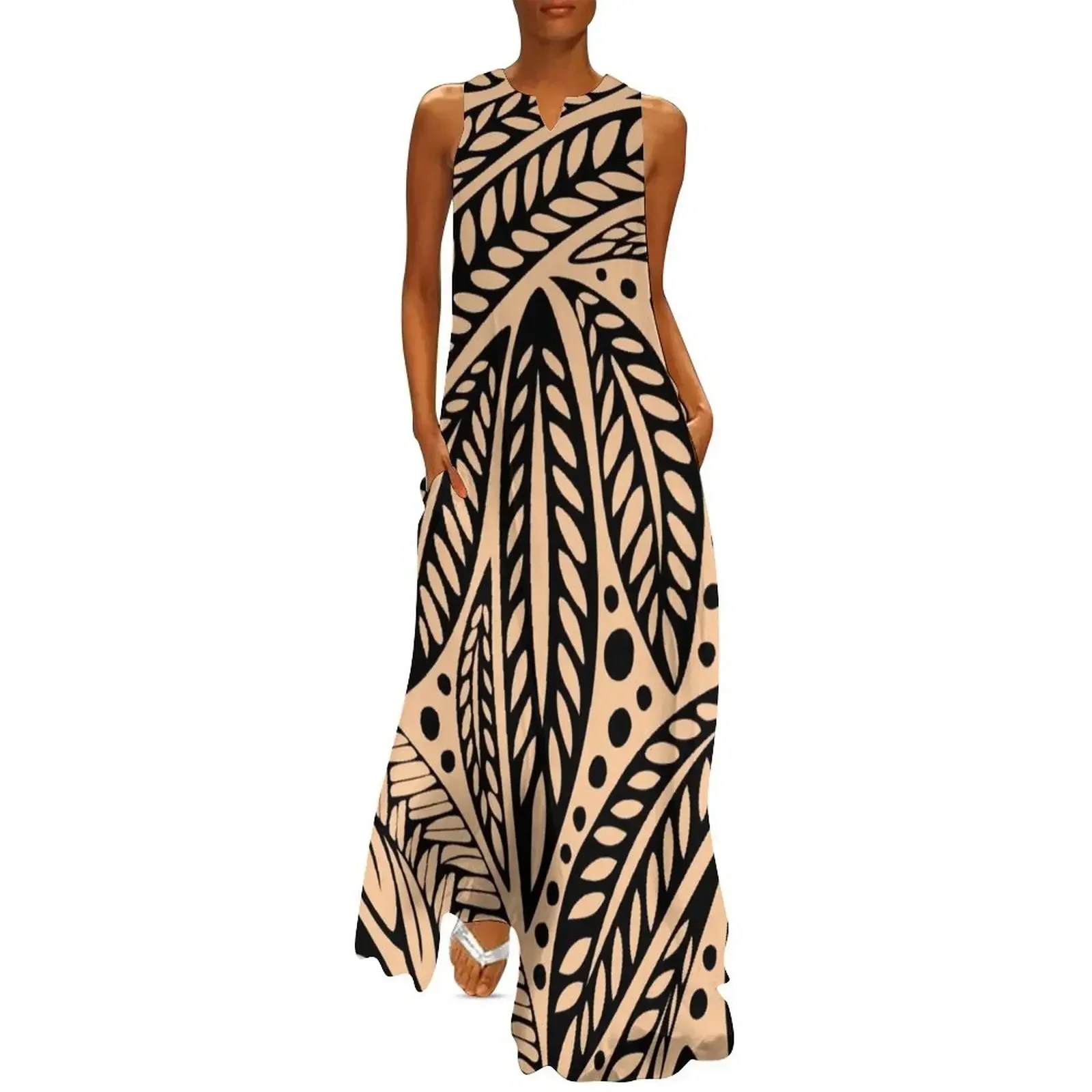 

Light skin colored retro colored Hawaiian Polynesian tribal floral tattoo design Long Dress Women's skirt Dress