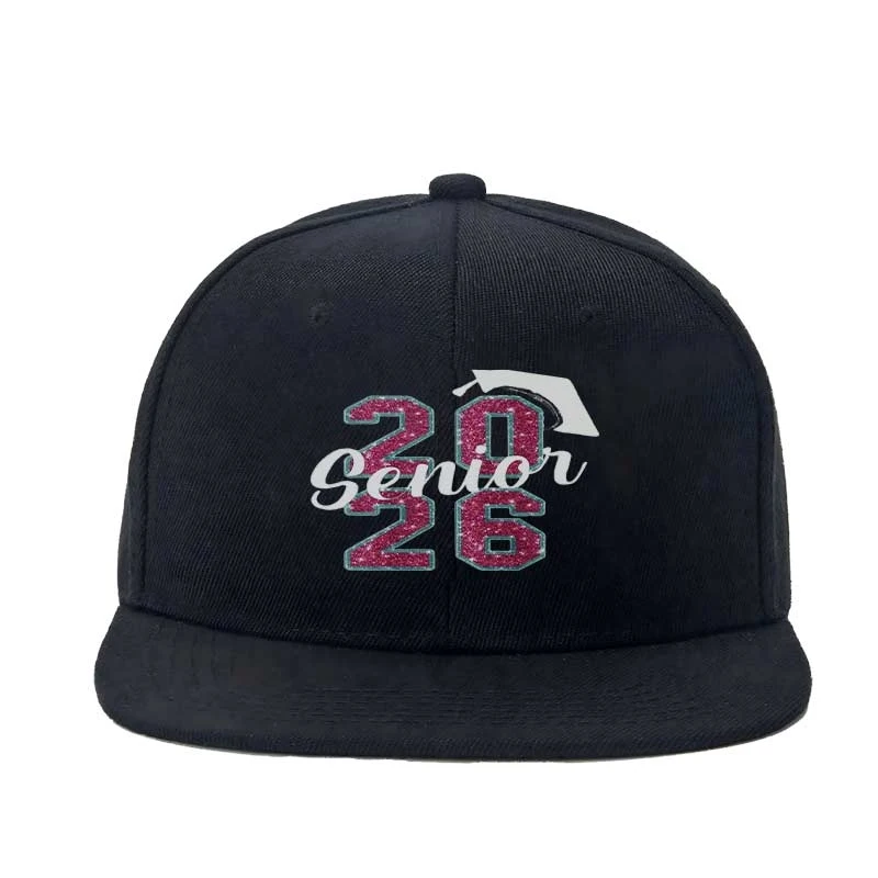 Men Women Unisex Flat Brim Snapback Cap Senior 2026 Graduation Cap Glitter Text Graphic Hat Cute Adjustable Breathable