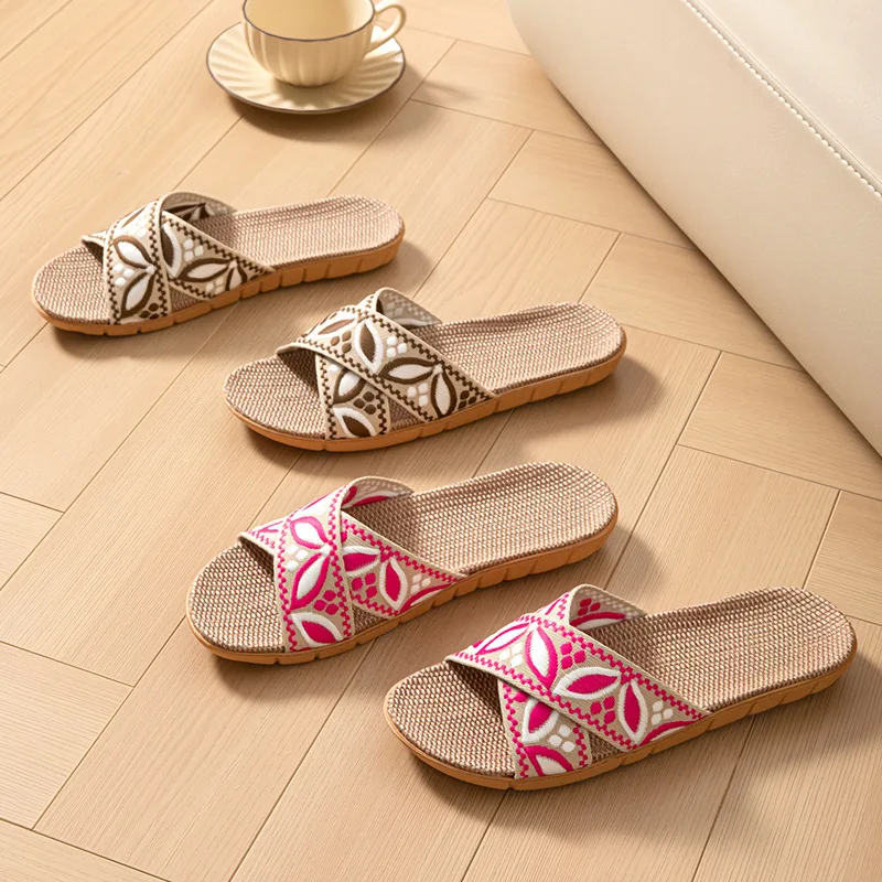 Linen Home Slippers Women Flats Summer Casual Designer Shoes Ladies Elegant Hemp Indoor Slides Couple Soft Non-Slip Lightweight view 3