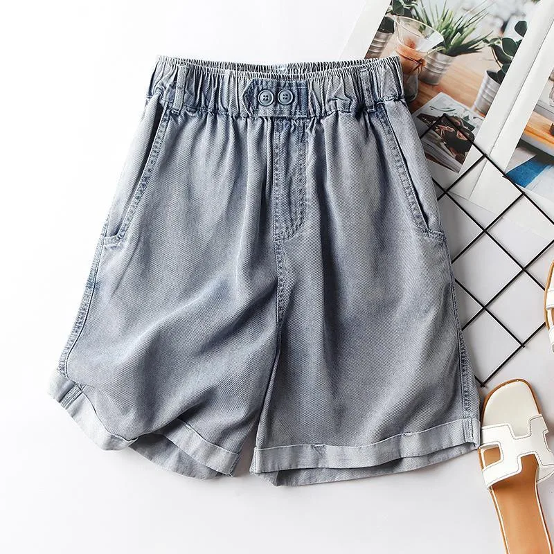 2023 Summer New Korea Fashion Women Elastic Waist Loose Cotton Denim Shorts All-matched Casual Wide Leg Hot Pants P145