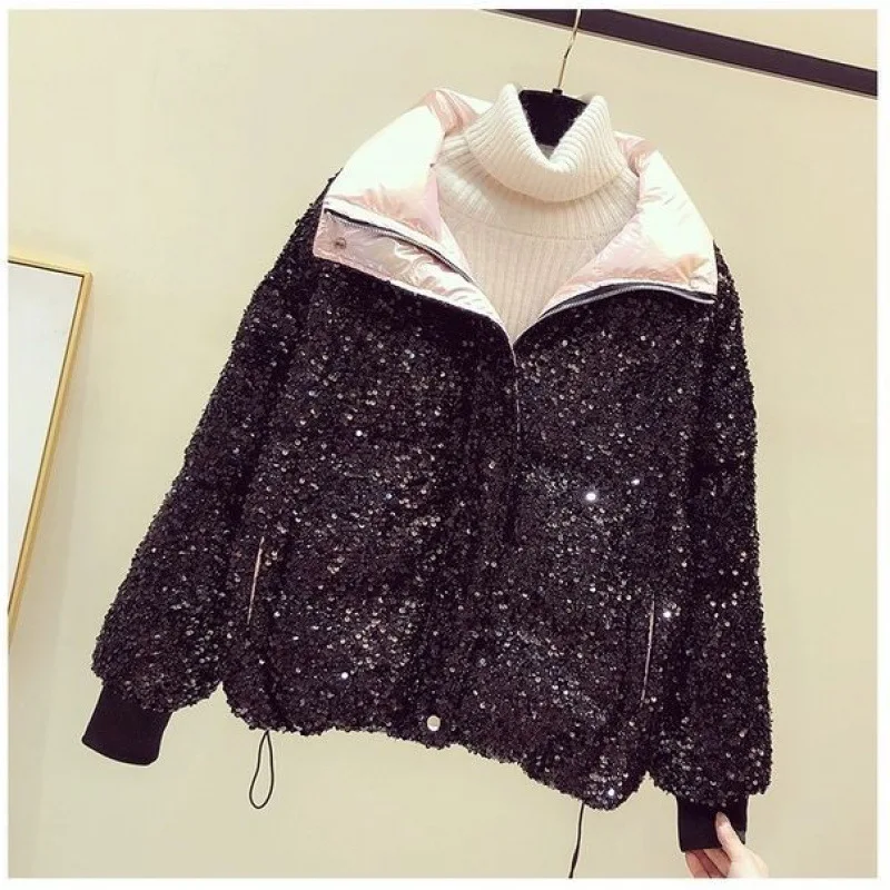 Fashion Sequins Down Cotton Coat Women Winter Jacket New Loose Stand Collar Short Bread Clothes Warm Jackets Outerwear