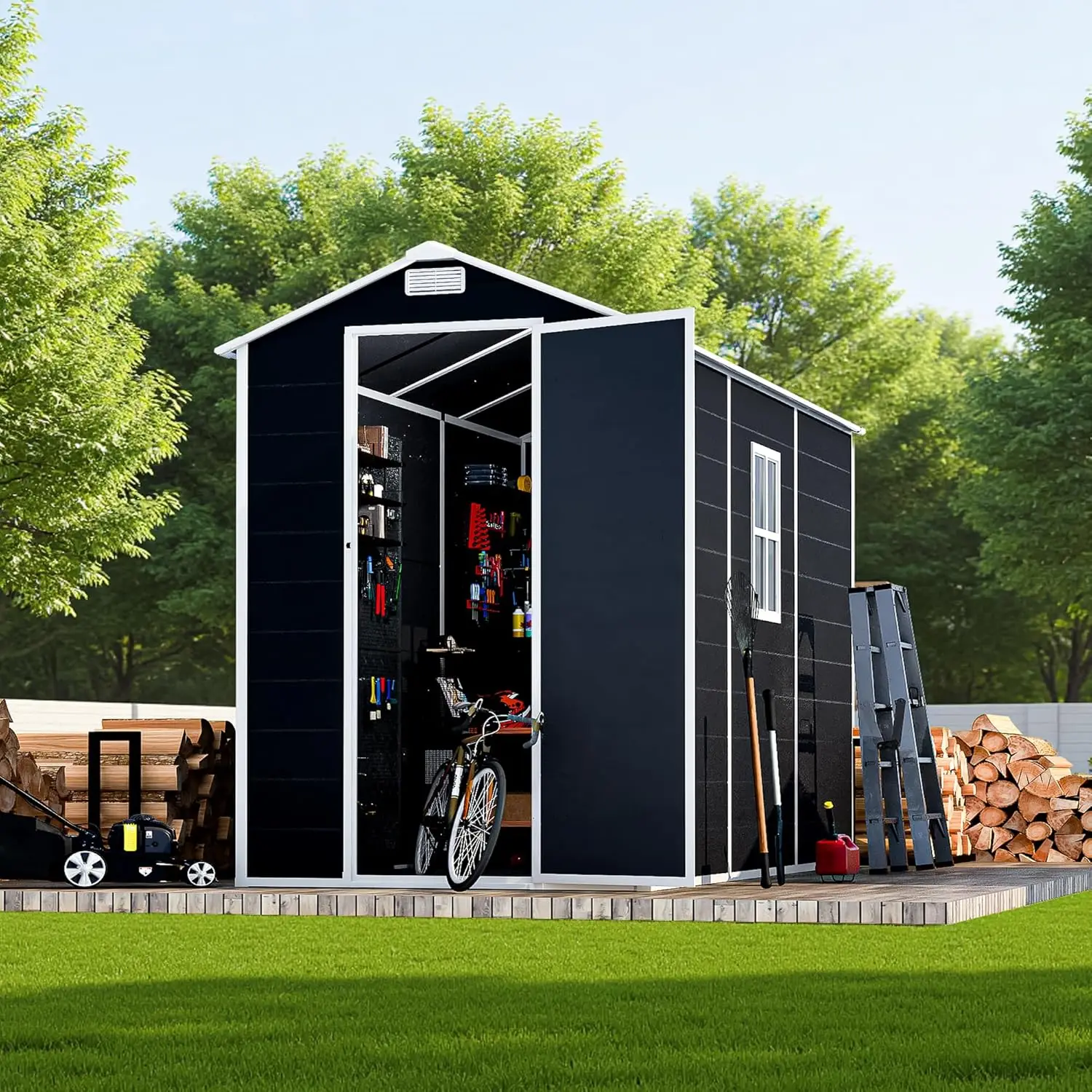 new 8x4ft Resin Storage Shed with Floor Window Lockable Door Vents for Patio Furniture Garden Tools Bike Lawn Mower, Customized