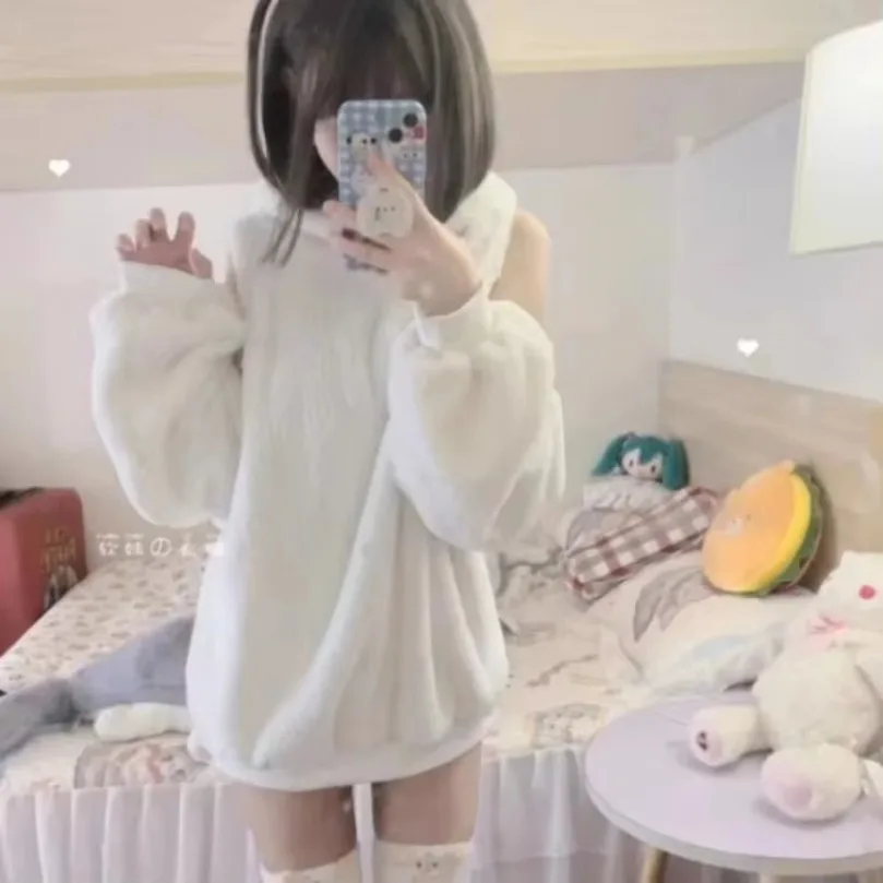 

Sweet White Off Shoulder Hoodie Sweatshirt 2024 Autumn Fluffy Thicked Warm Tops Women Y2k E-Girl Long New Sleeve Sweatshirts