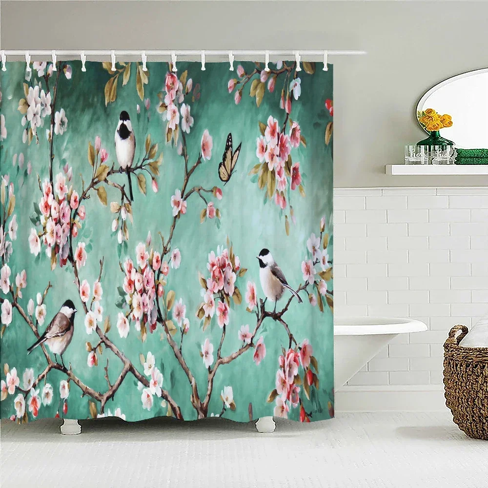 Chinese style Flowers Birds Shower Curtain Bathroom Curtains With Hooks 180X180CM Waterproof Fabric Decor Bath Screen with Hooks