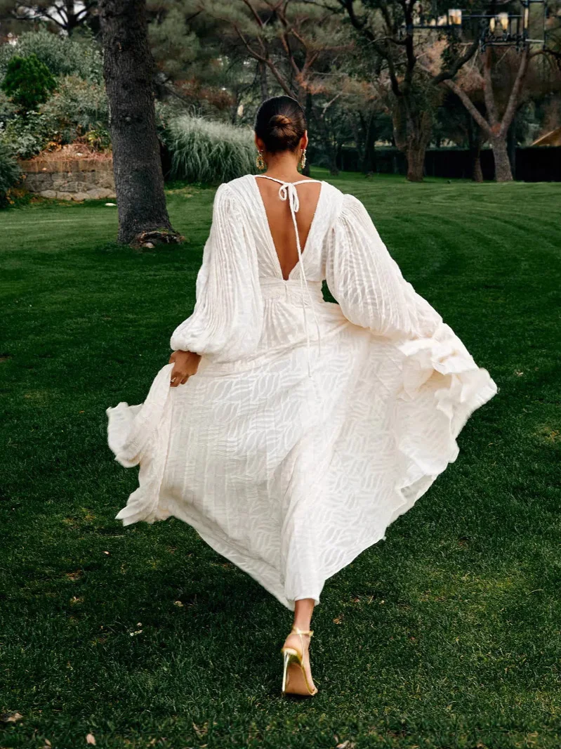 Sexy V-neck Lantern Sleeve Temperament Dress Women Fashion Jacquard Solid Loose Party Dress Elegant Draped Evening Long Dresses