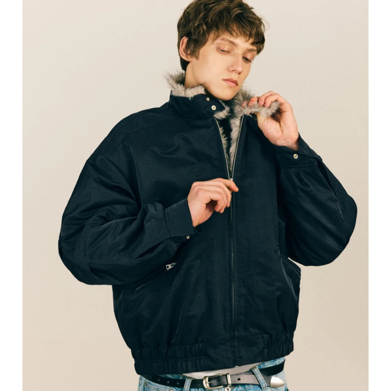 Chaqueta de algodón Retro con cuello levantado para hombre, Parkas Unisex Harajuku de piel de visón de imitación, prendas de vestir cálidas con cremallera de lana para invierno