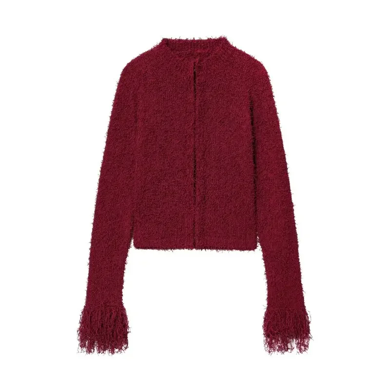 

Tassel Knitted Coat Metal Button Cardigan Sweater Mini Tops Dark Red Fashion Long Sleeves Autumn Lady Slim Fit Streetwear