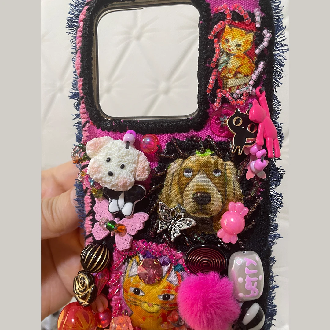 

4008 Handmade Retro Patchwork Fabric Phone Case Cute General Cat Dog Print Appliques Fringed Edge Bead Flamingo Butterfly Dang