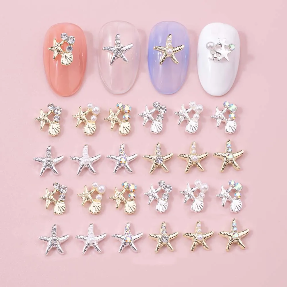 10pcs Summer Sea Starfish Nail Art Charm 3D Metal Alloy Mini Shell Conch Starfish Nail Decoration DIY Kawaii Nail Accessories