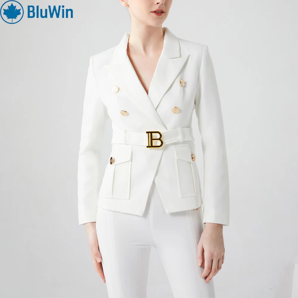 BluWin جديد 9 ألوان وصول مربوط السترة المرأة مزدوجة الصدر الذهب زر محززة التلبيب سليم صالح مكتب العمل سترة