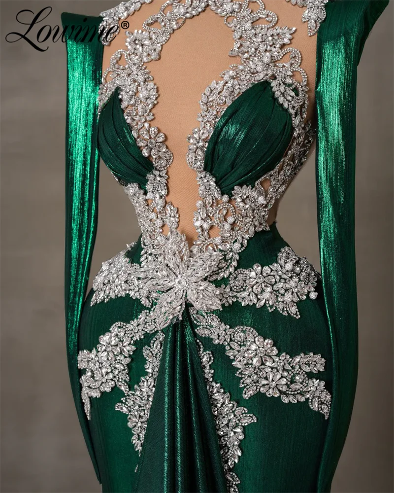 Emerald Green Shiny Fabric Long Sleeve Evening Dress Heavy Crystals Birthday Pageant Prom Dresses Customized Wedding Party Gowns