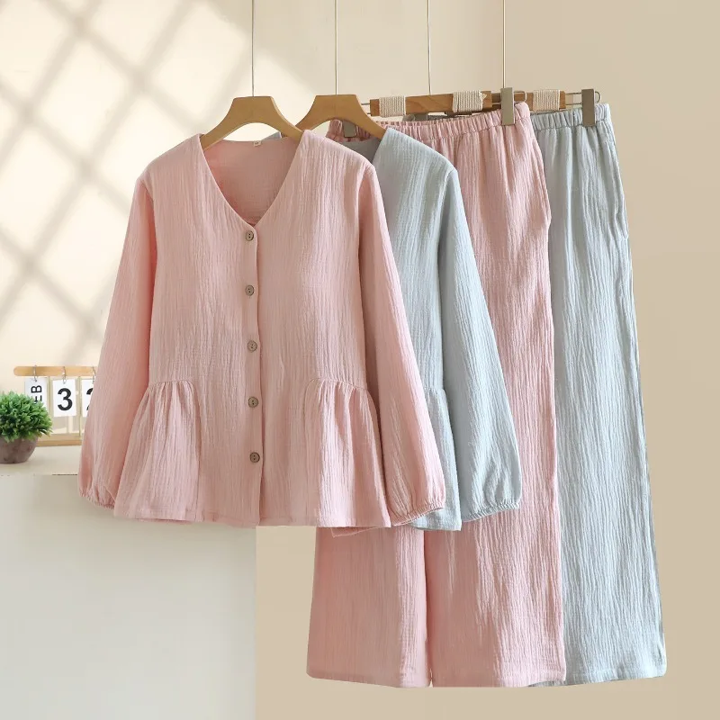 

2025 New Spring and Autumn Women's Pajama Set 100% Cotton Crepe V-neck Solid Color with Chest Mat Long Sleeve Two Piece Set