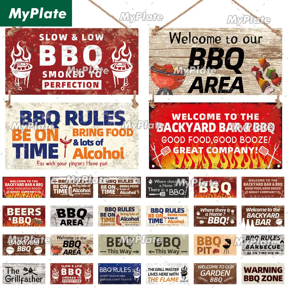 [MyPlate] BBQ Area Wooden Wall Plaque BBQ Rule Sign Wood Plate Home Door Wall Deocr Decoration Man Cave Hanging Sign House Gift