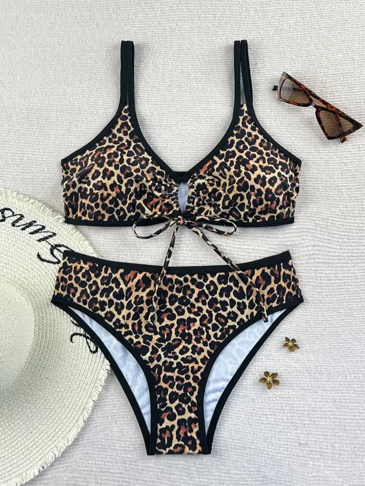 

Vzvn Sexy Leopard Lace Up Bikinis Set Women Split Swimsuit Beach Brazil Bikini 2026 New All Season Backless Bikinis 2 Piece Set