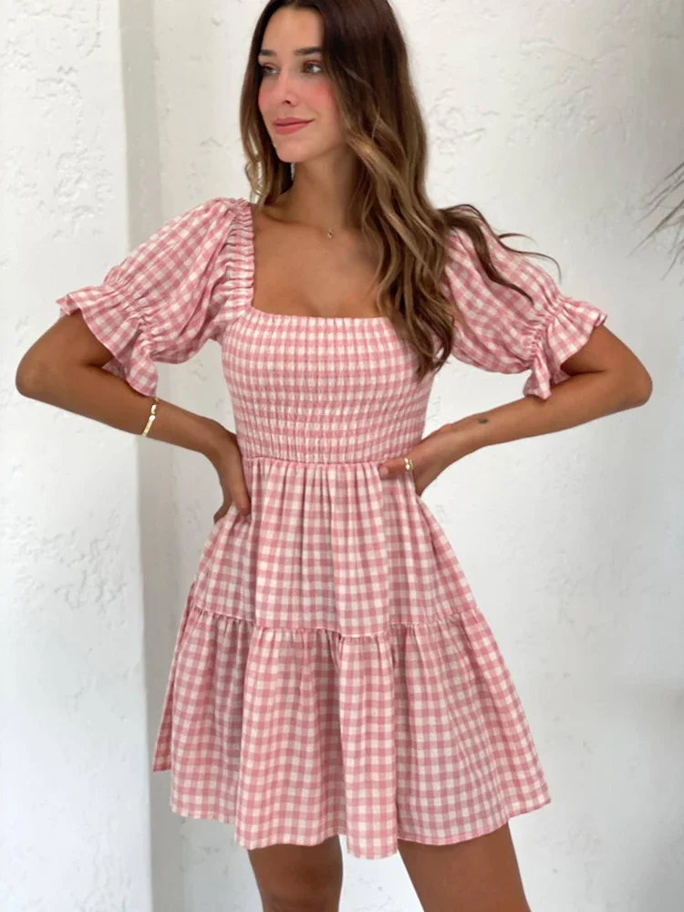 Foridol Square Collar Gingham Printed Women Casual Summer Short Dress Puff Sleeve A-line Pink Cute Fashion Outfit Vestidos