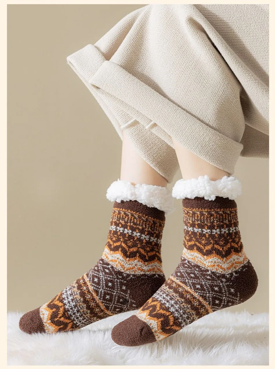 Bodensocken aus Lammwolle, Herbst und Winter, Fleece, verdickt, warm, rutschfest, Silikon, Heimsocken, Röhrensocken im Ethno-Stil – Detail 5