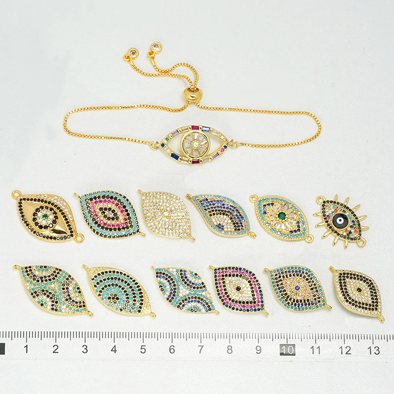 3 Pcs Pave Inlay Color Zircon Connector for Diy Bracelet Necklace Making Accessories Devil Eye Bend Jewelry Brass Plated Charm