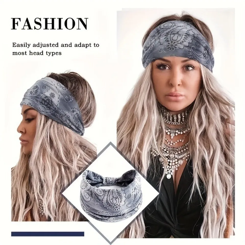 Bandeau large imprimé bohème, élastique, avec nœud, accessoires pour cheveux, bandana doux pour le yoga, turban extensible en coton pour femmes et filles