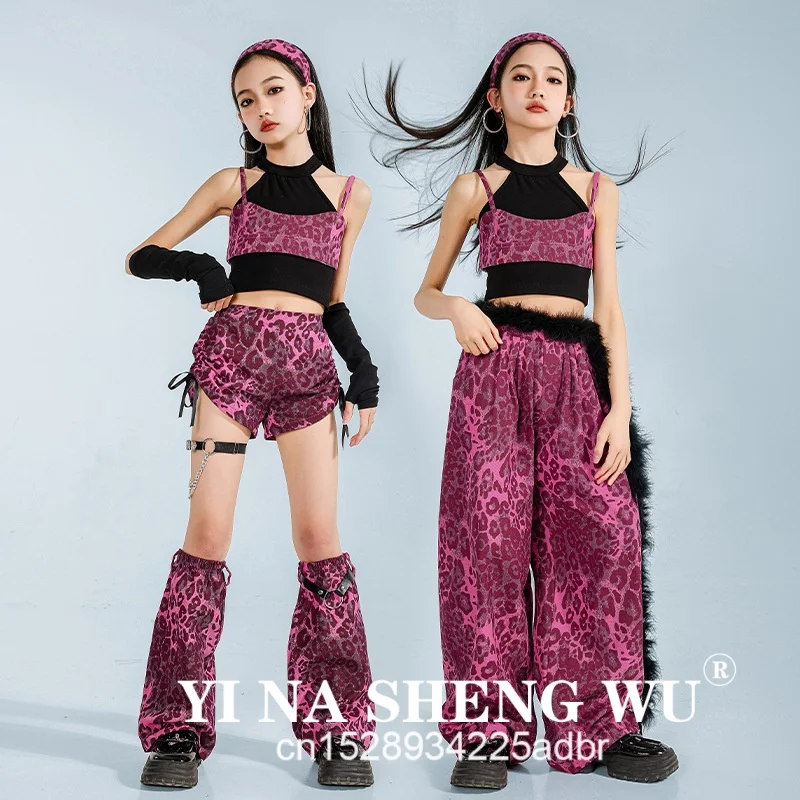 K-pop 걸스 레오파드 크롭 탑 스트리트 댄스 카고 바지 키즈 재즈 힙합 반바지 의류 세트 아동 streetwear 우아한 의상