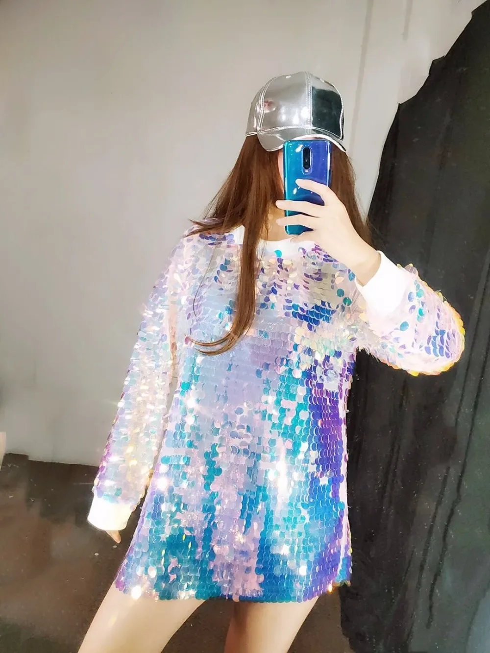 화려한 큰 스팽글 긴팔 티셔츠 여성 루즈핏 롱탑 여성 댄서 재즈 힙합 댄스 의상 바 쇼 무대 의상