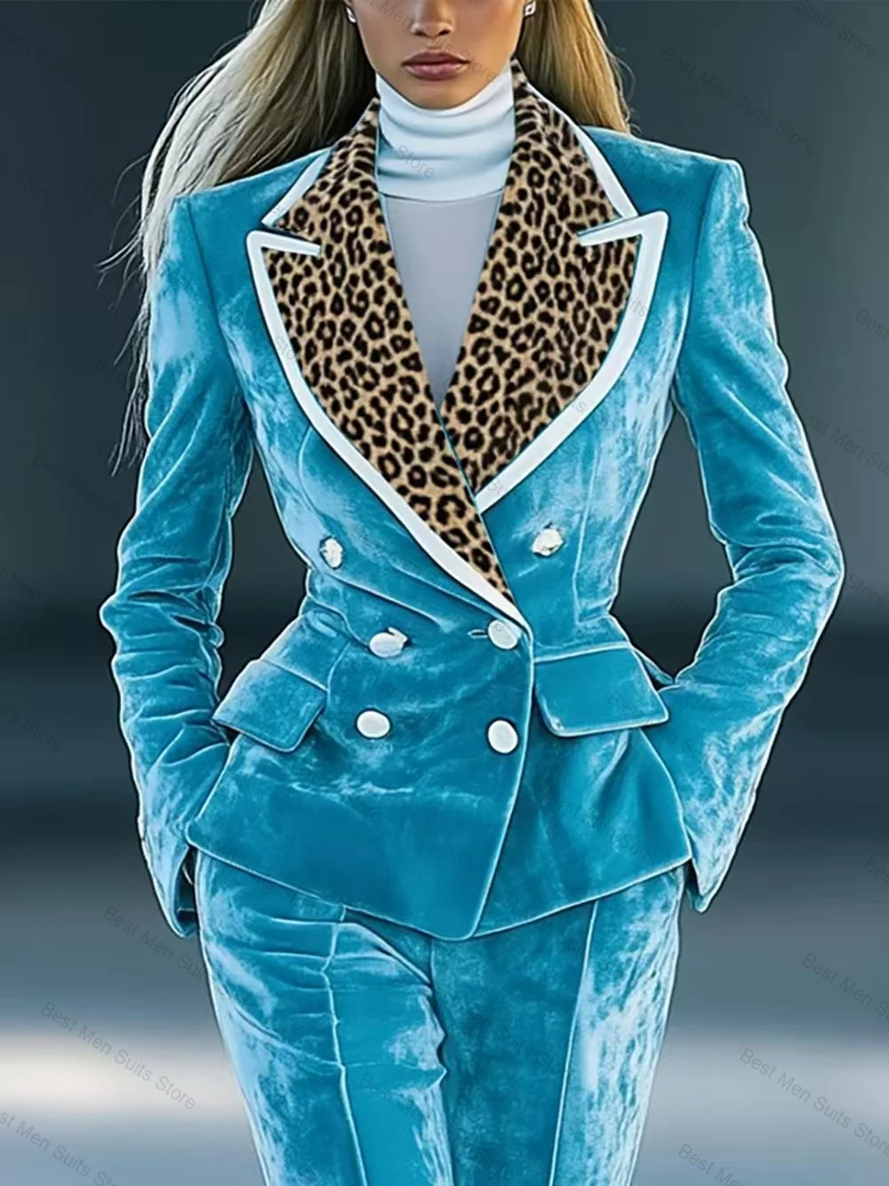Blue Velvet Women Suit Set 2 Pcs Leopard Blazer+Pants Trousers Autumn Formal Office Jacket Customized Wedding Guest Prom Coat