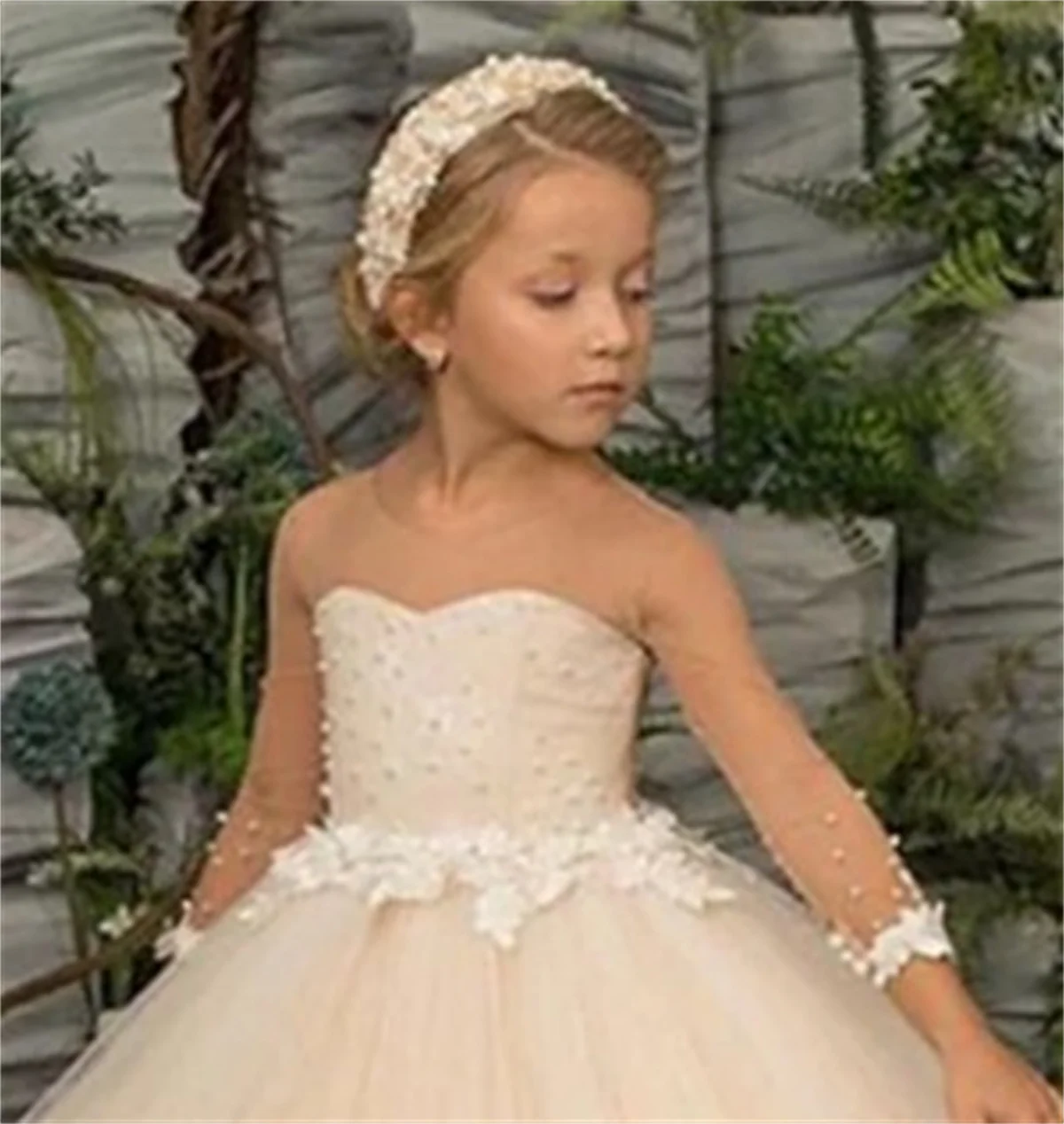 Esmoquin de tul esponjoso rosa, vestido de niña de las flores, apliques de manga larga, elegante vestido de boda para niños, Navidad y cumpleaños