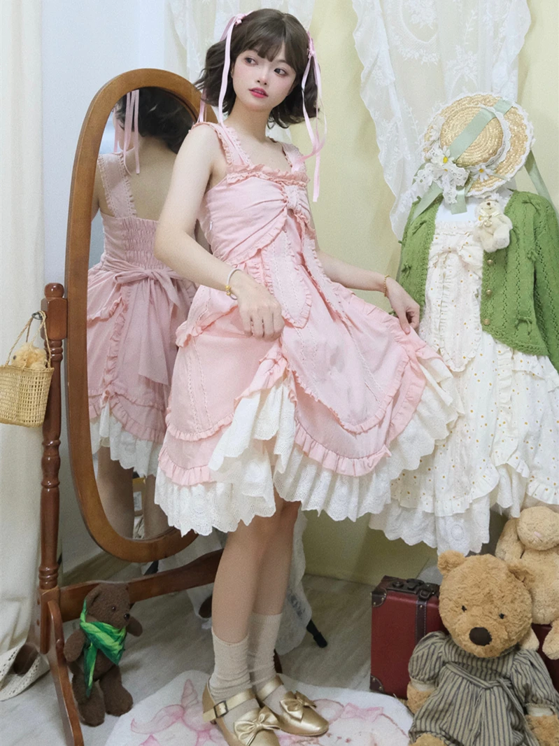 Summer New Sweet Lolita Dress Jsk Slim Fit Kawaii Strap Dress Sleeveless Girl Tea Party Bowtie Pure Cotton Dress