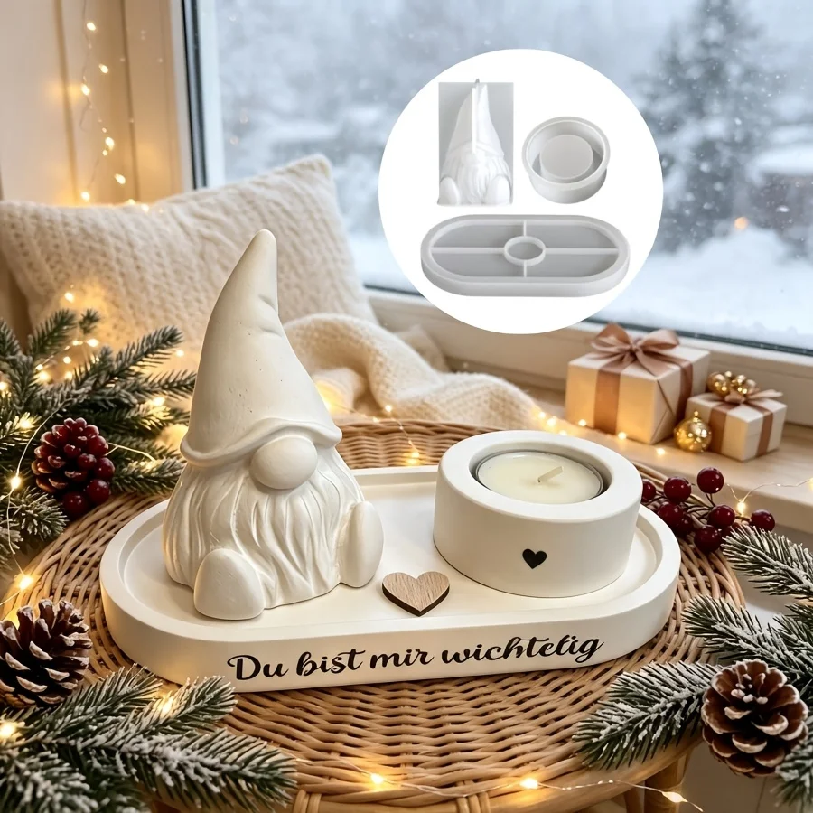 Silikonform für Kunstharz, 3-teiliges Set mit weihnachtlichem Gesichtslosem Weihnachtsmann, rundem Kerzenhalter und elliptischem Tablett, Dekorationsform, Heimdekoration