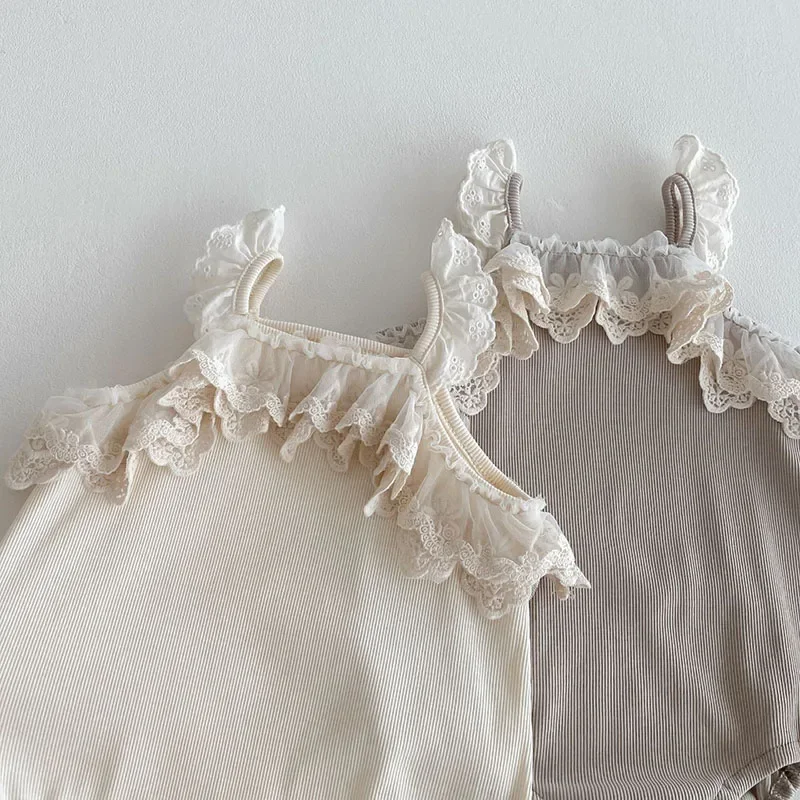 2025 New Summer Toddler Baby Girls Jumpsuit Sleeveless Cotton Lace Splicing Infant Baby Girls Bodysuits 0-24M Baby Clothing