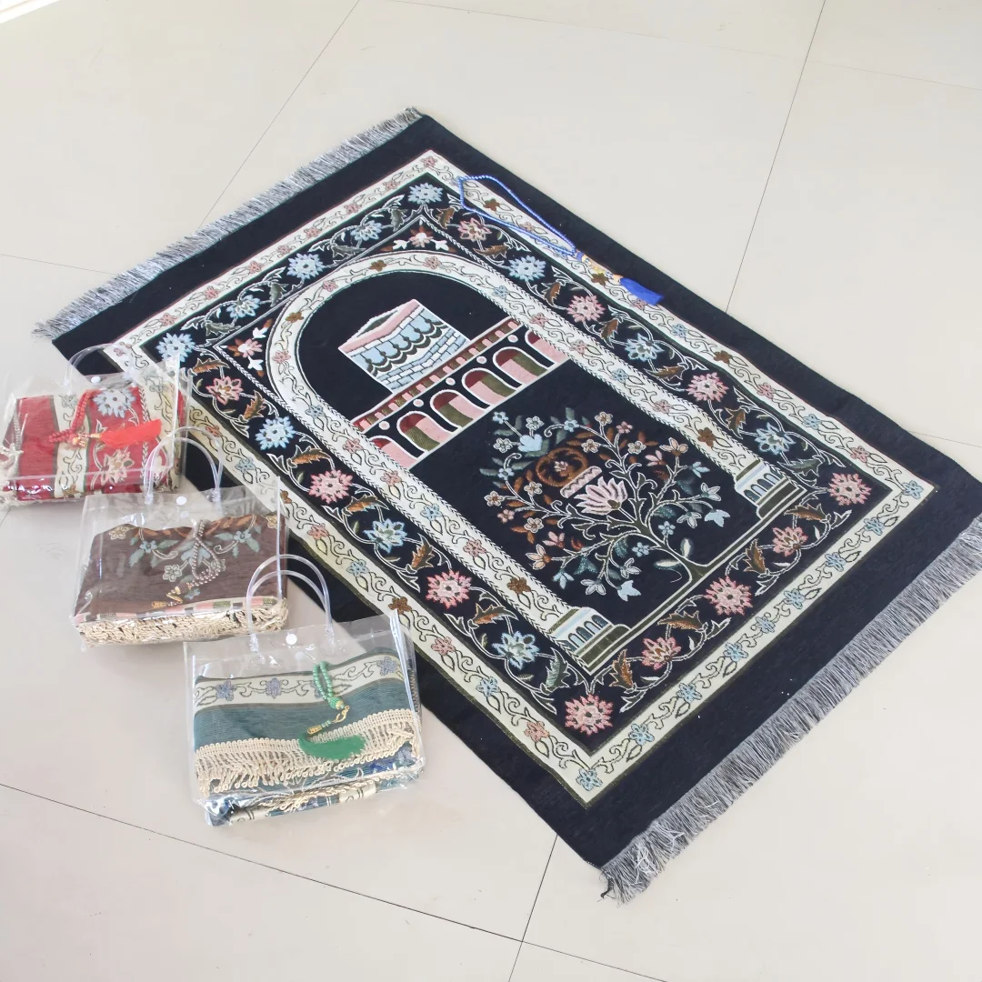 Chenille New Mosque Prayer Mat & Prayer Bead Set, Simple Storage with Transparent Handbag, Adult Home Worship Cushion