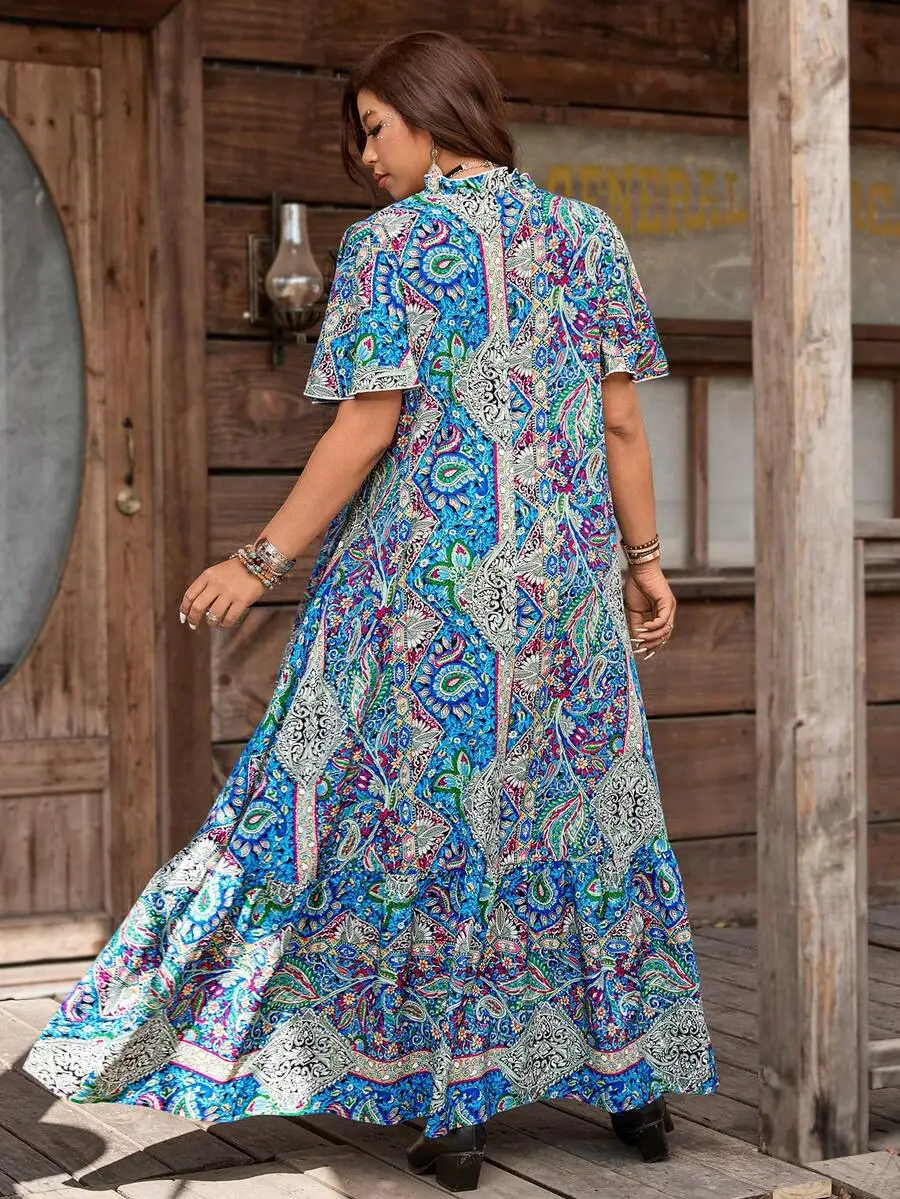 

Bohemian Paisley Print Maxi Dress With Ruffle Hem And Half Sleeve For Women Casual Wear