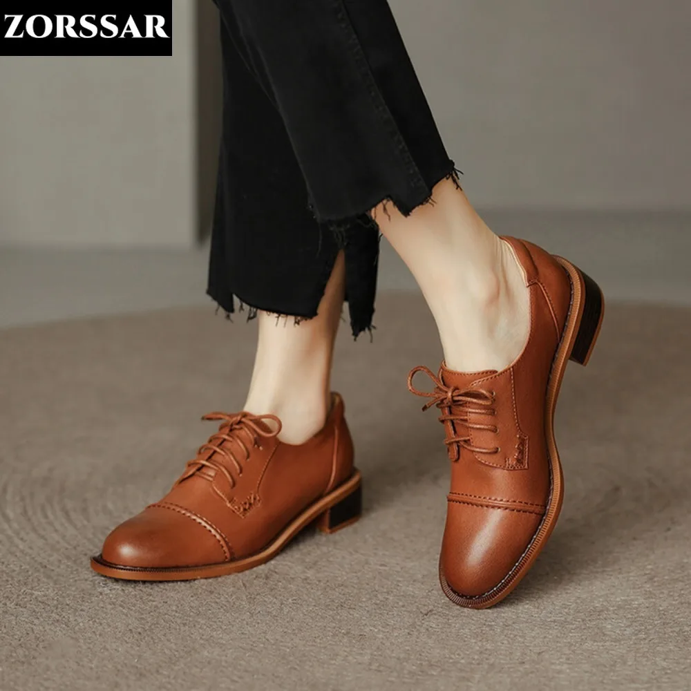 Brown Women Brogue Shoes Women Flats Autumn Spring Women\'s Oxfords Genuine Leather Full Black Flat Office Derby Female Shoes